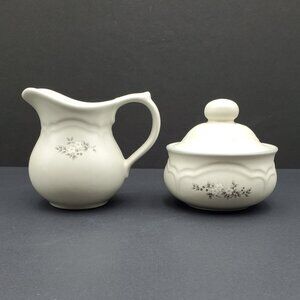 Pfaltzgraff Heirloom Creamer & Sugar Bowl with Lid Gray White Floral Creamer Set
